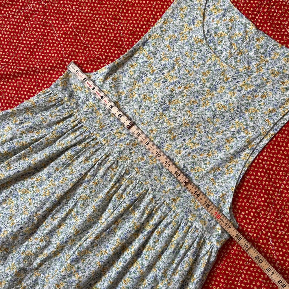 Vintage 70s Floral Sleeveless Babydoll Midi Dress Blue Yellow Ditsy Print - Picture 3 of 5